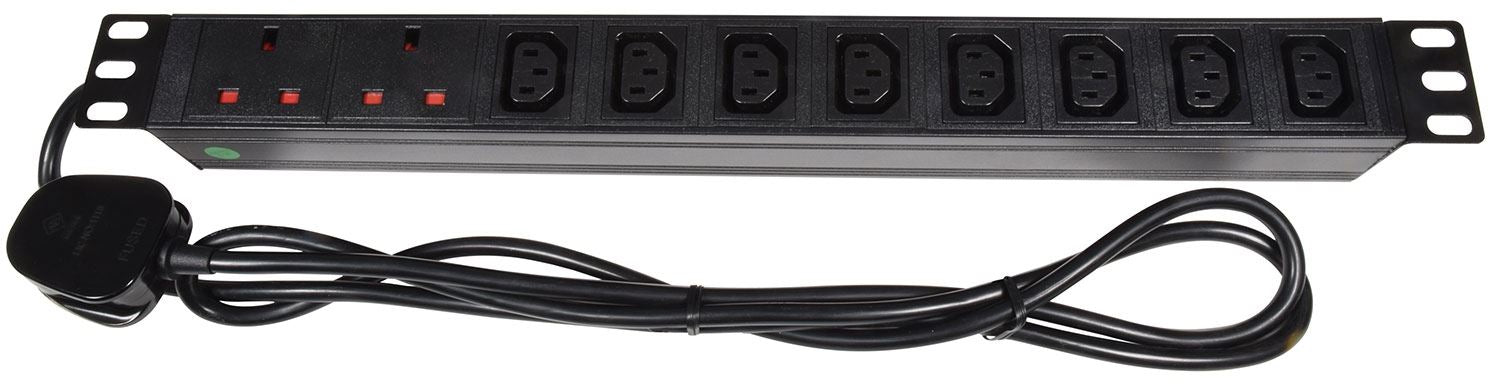 Mercury 10 Way Horizontal IEC C13 x8 UK x2 PDU 19-Inch 1U Standardised Power Distribution Unit 1.8m
