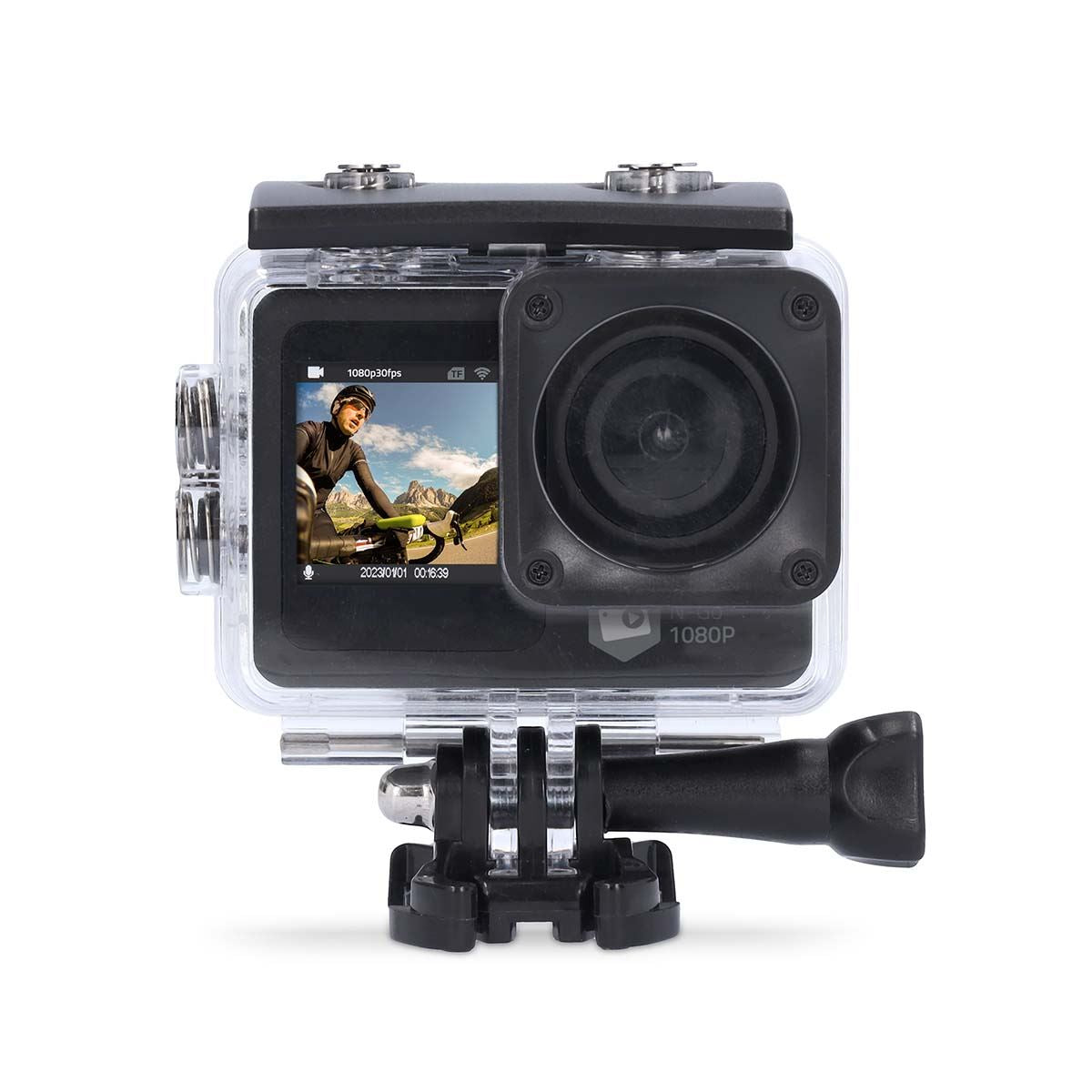 Nedis Dual Screen Wi-Fi Action Cam, 1080p 30fps HD Video, 12MP Photos, 2" TFT Back Screen 1.3" Front Screen, Waterproof 30m, Burst Mode, Loop Recording