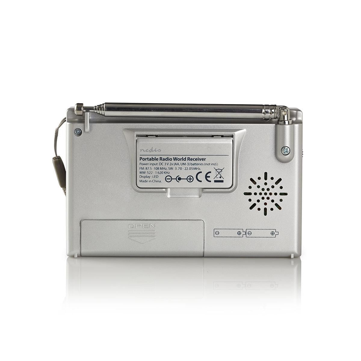 Nedis World Receiver Radio | Portable Design | AM / FM / SW | Battery Powered / Mains Powered | Digital | 1.5 W | Headphone output | Alarm clock | Sleep timer | Grey