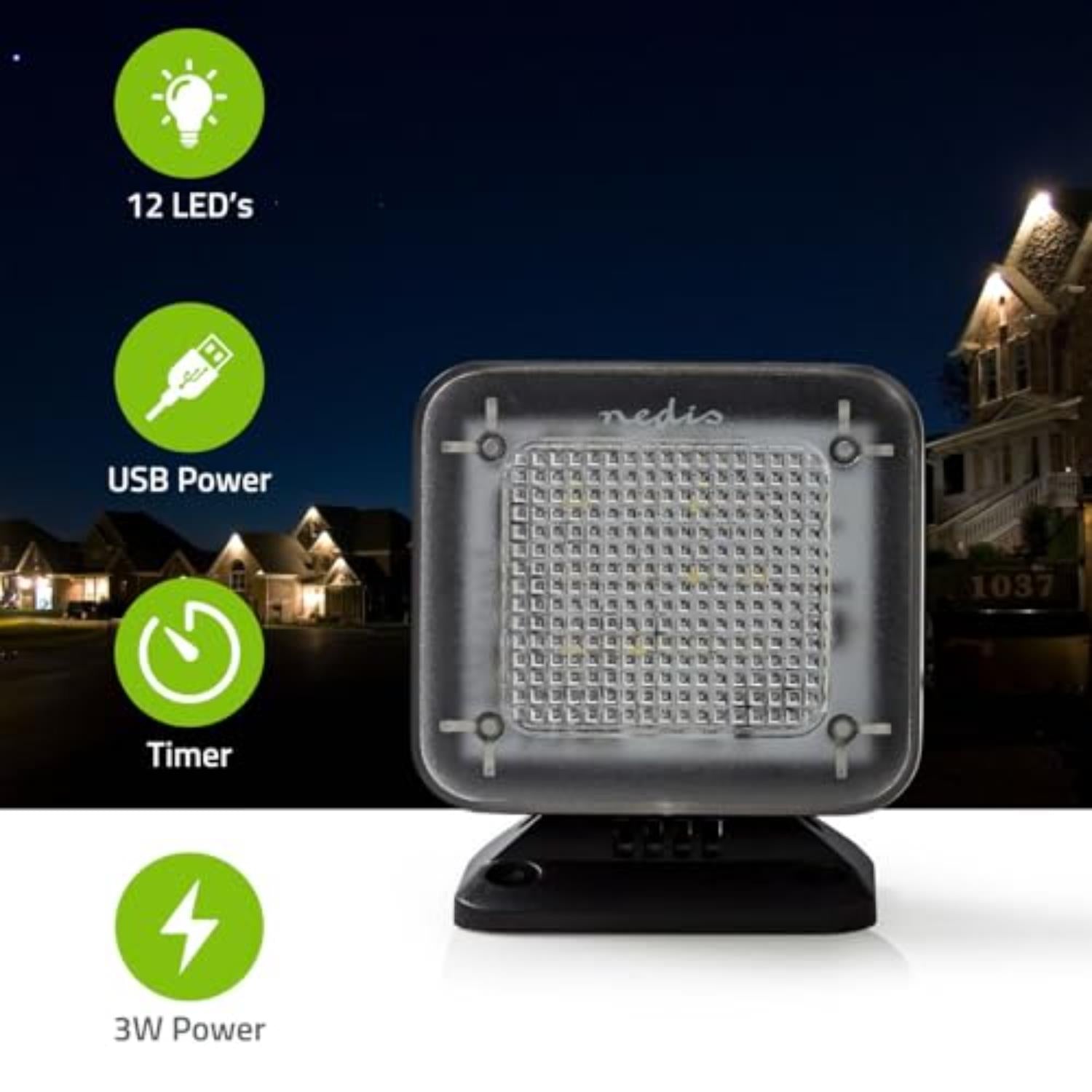 Nedis TV Simulator Home Security Light with Flashing LED - Deter Intruders - Timer & Dusk Sensor - Low Energy USB Powered