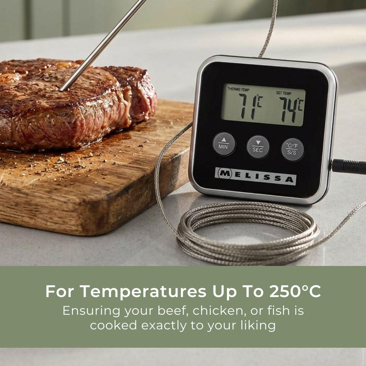 Melissa Leave-in Digital Food, Meat, Baking Thermometer Temperature Probe Cooking Kitchen BBQ, with Alarm, Timer - Black