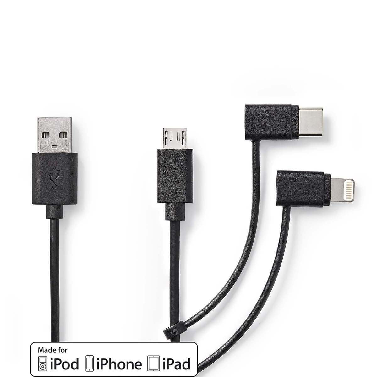 Nedis 3-in-1 Cable | USB 2.0 | USB-A Male | Apple Lightning 8-Pin / USB Micro-B Male / USB-C™ Male | 480 Mbps | 1.00 m | Nickel Plated | Round | PVC | Black | Label