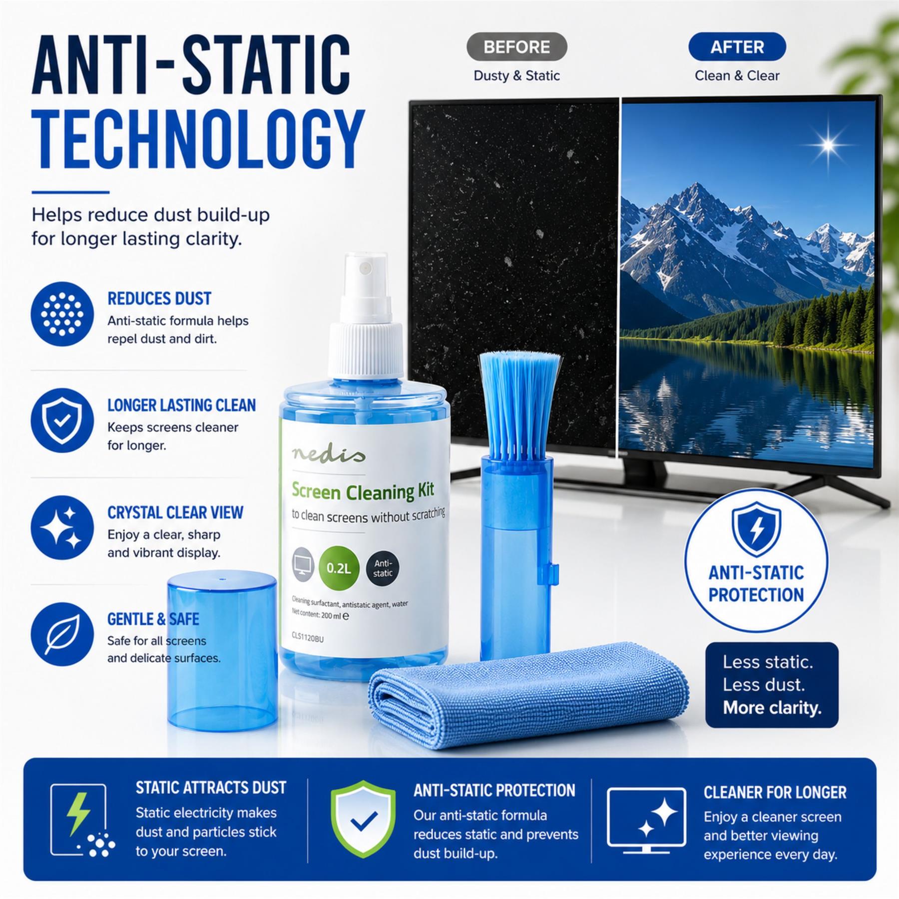 Nedis Screen Cleaner Kit for TV, PC, Smartphone & Tablet, 200 ml Spray, Brush & Pearl Cloth