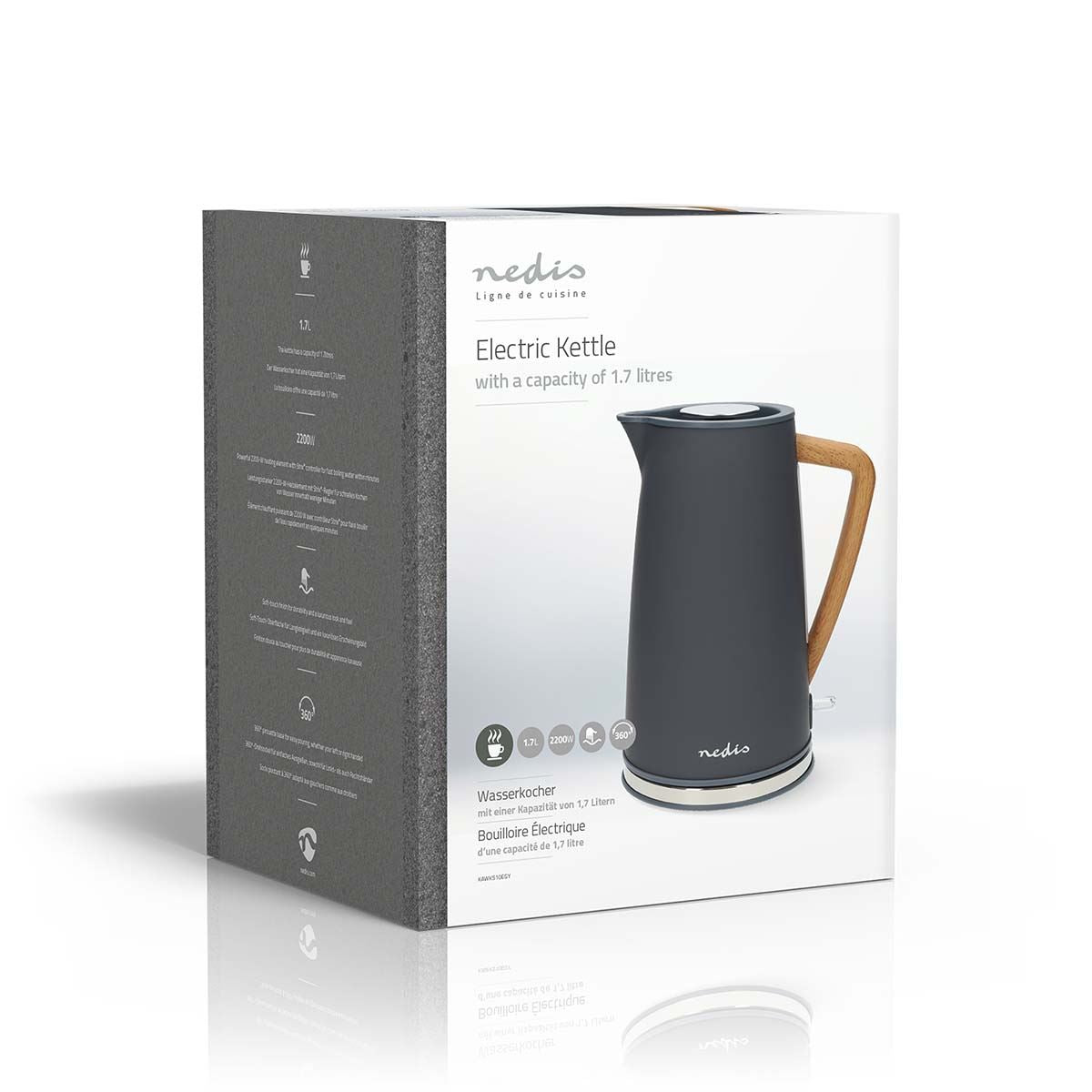 Nedis 1.7L Soft Touch Jug Kettle with Wood Effect Handle, Overheat Protection, Removeable Filter, 2.2KW - Grey