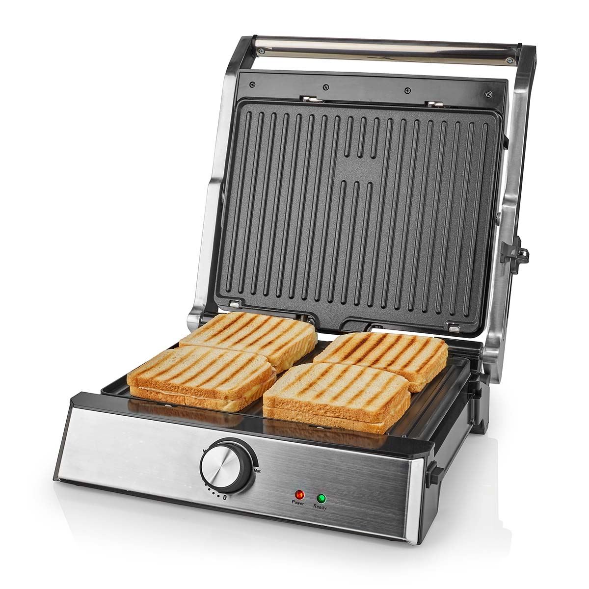 Nedis 2 in 1 2000w Compact Electric Table Top Grill & Non Stick Panini Sandwich Press Toastie Maker - Stainless Steel
