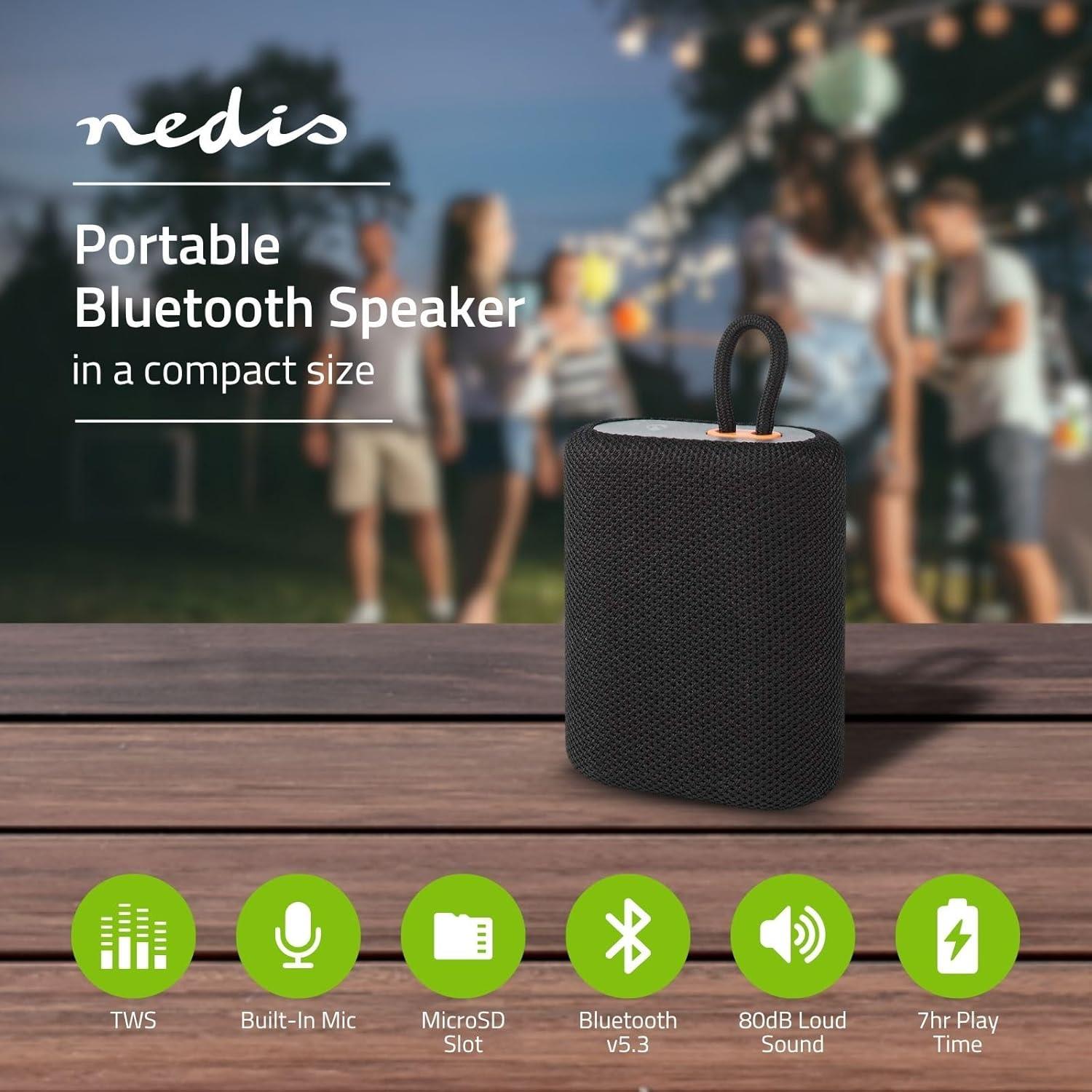 Nedis Portable Bluetooth Speaker, 7W Wireless Speaker with TWS, Carry Loop, MicroSD Playback, Crisp Sound & Bass, Built-In Mic, Compact Design, Bluetooth 5.3, USB-C Charging � Black