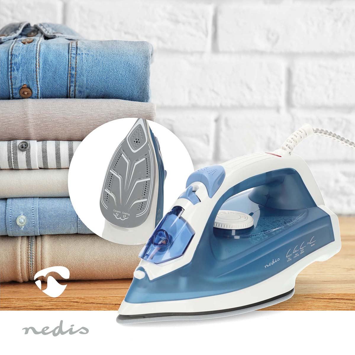 Nedis Steam Iron 2000W, Powerful Fast Heating, Adjustable Steam Control, Vertical Steam Spray Function, 200ml Water Tank, Stainless Steel Soleplate - Blue