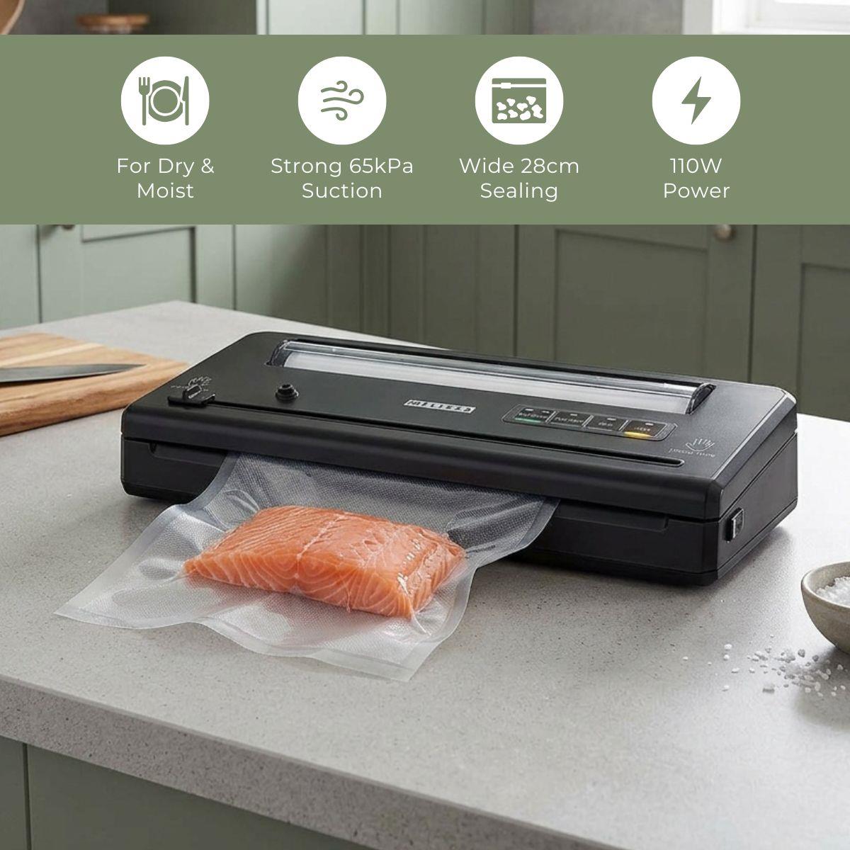 MELISSA Vacuum Sealer Machine, 28cm Seal Food Sealer, with Roll holder and 1 Roll Included for Vac/Seal/Rice/Wet/Dry Mode, Built-in Cutter and Visible LED Indicator