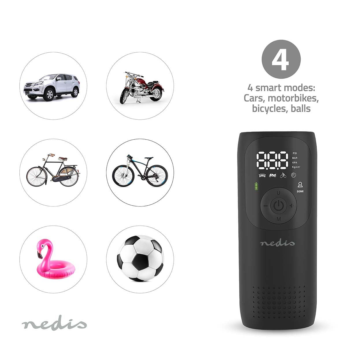 Nedis Portable Tyre Inflator, Rechargeable Air Compressor with Digital Display, LED Torch, 150 PSI Max Pressure, USB-C Charging, for Car, Bike, Motorcycle, Footballs, Inflatables & More