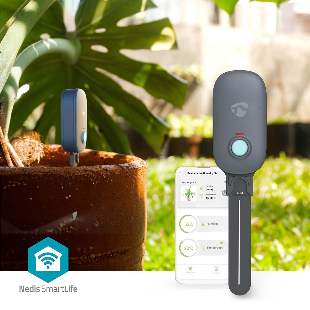 Nedis Smartlife Soil Moisture Meter, Bluetooth Smart Sensor for Soil Moisture and Ambient Temperature Monitoring, Compatible with Smartlife App - Indoor/Outdoor Use - Grey