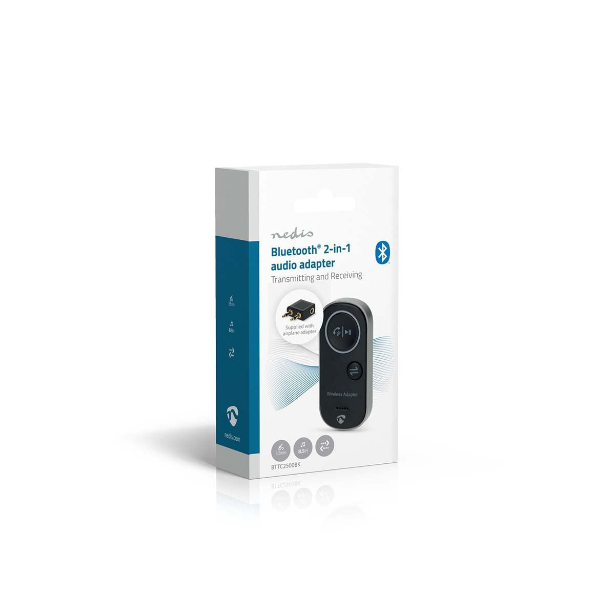 Nedis Bluetooth® Transmitter Receiver | Audio / video / data connections input: USB-C™ Female | Audio / video / data connections output: 1x 3.5 mm | SBC | Up to 1 Device | Maximum battery play time: 8.5 hrs | Black