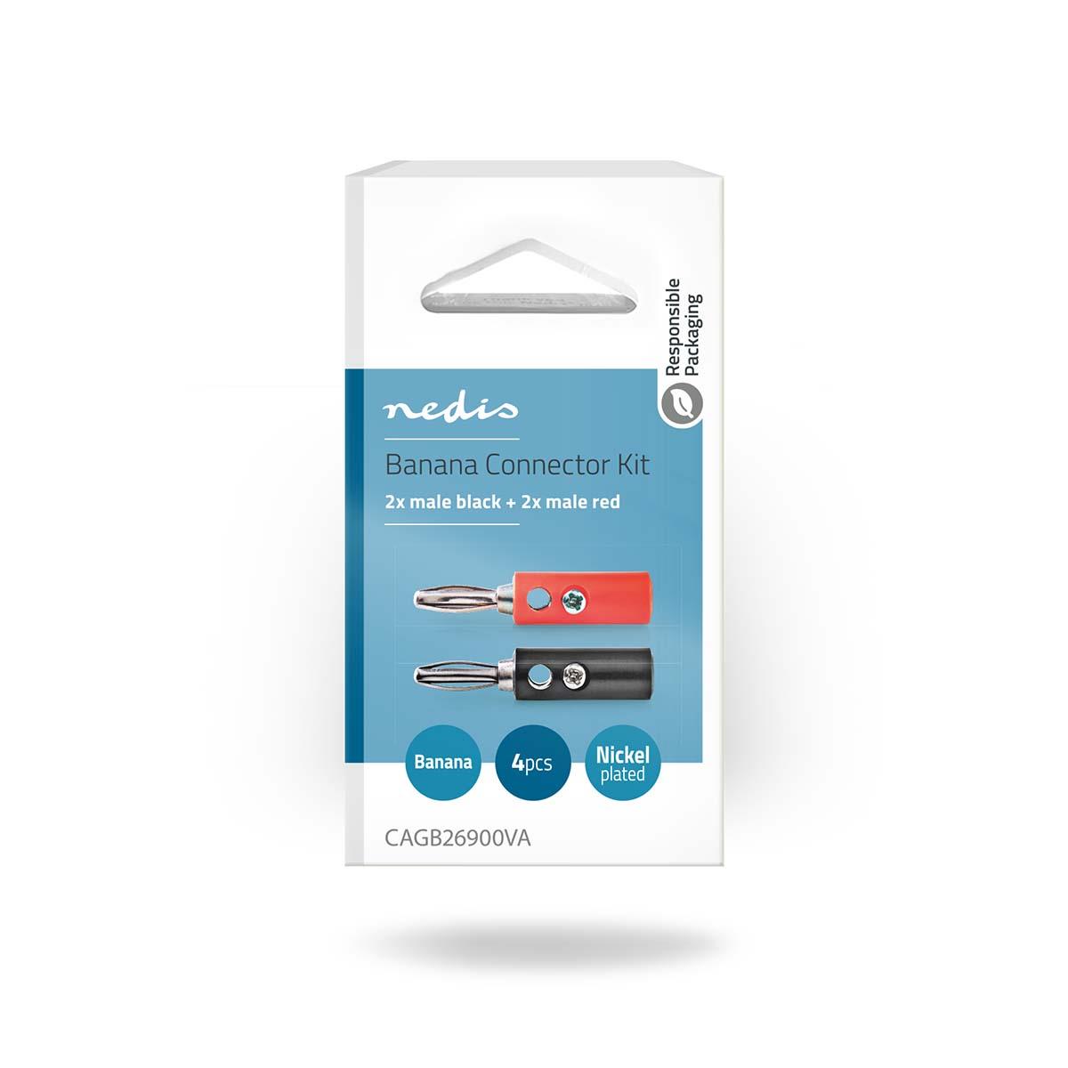 Nedis Banana Connector | Straight | Male | Nickel Plated | Screw | Cable input diameter: 4.5 mm | PVC | Black / Red | 4 pcs | Box