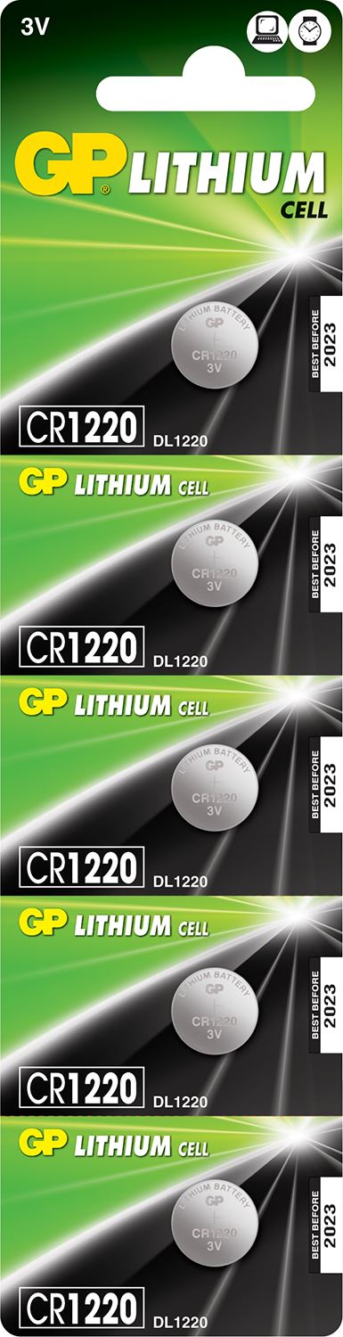 Gp CR1220 Battery 3V 36mAh 2.0 x 12.5mmØ Battery  5 Pack