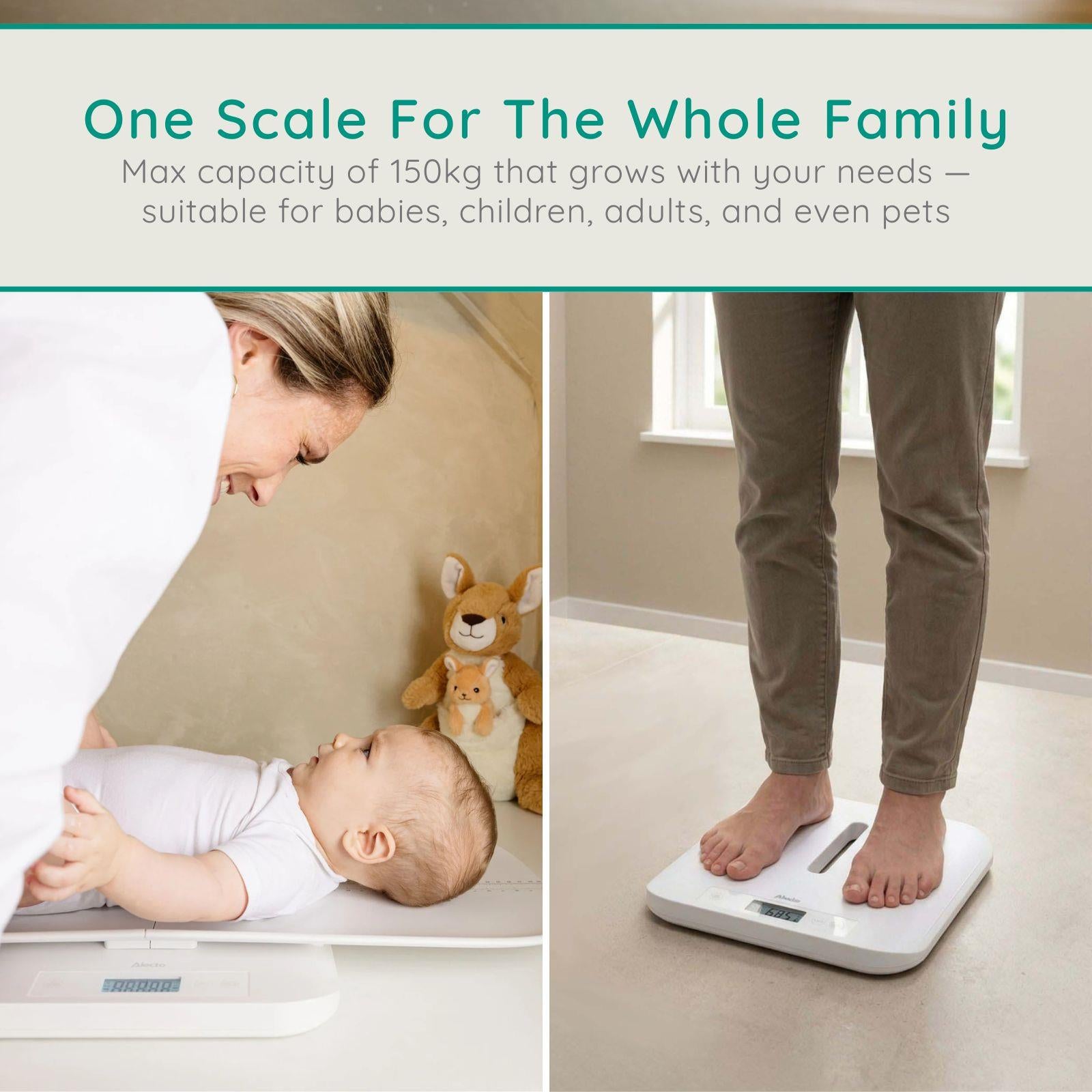 Alecto Digital Baby Weighing Scales, Personal Scale and Pet Scale in one - Up to 150 kg with Removable Weighing Surface - White | BC70