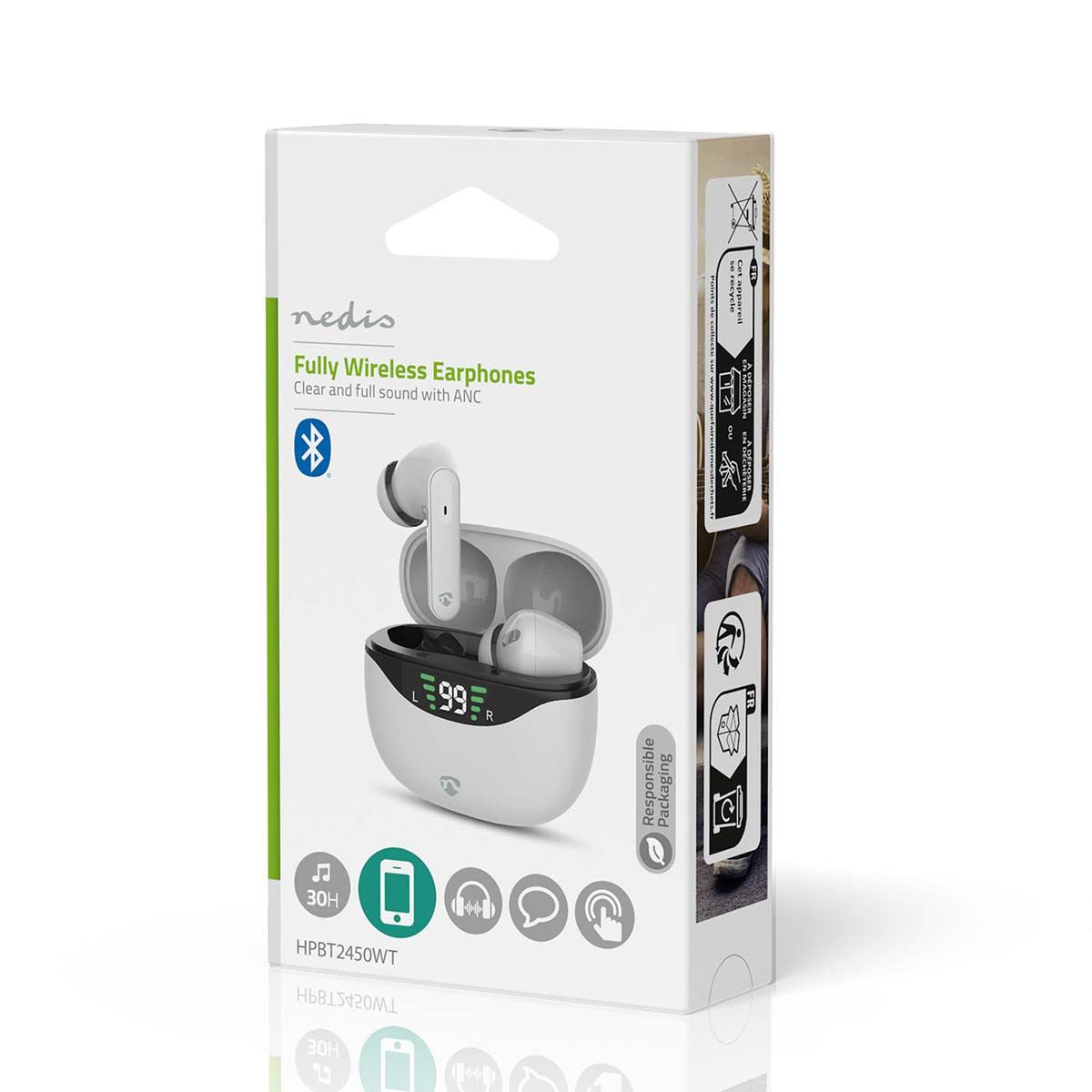 Nedis Fully Wireless ANC Earphones, Bluetooth 5.3, Up to 30h Playtime with Charging Case, Touch Control, Built-In Mic, Instant Pairing, Voice Assistant Support