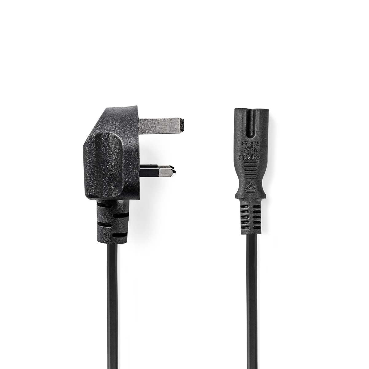 Nedis UK Power Cable | UK Male | IEC-320-C7 | 2.00 m | Yes | 2 x 0.75 mm² | Copper | Round | Nickel Plated | UK | PVC | Power plug: Type G | 250 V AC | 3 A | Black