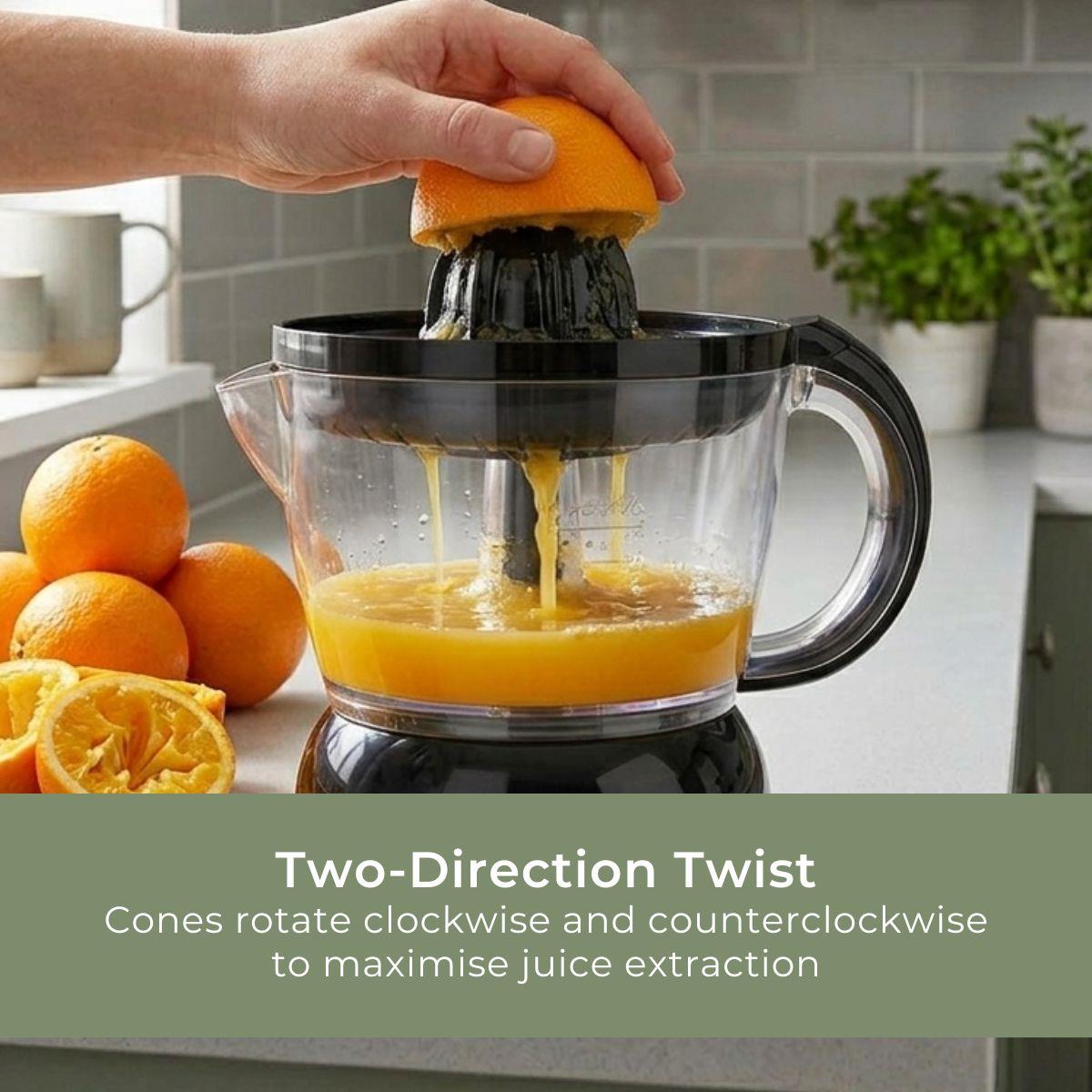 MELISSA 0.7L Electric Citrus Press Juicer Squeezer, 40W Motor, with Bi-Directional Twist, 2 x Interchangeable Cones, and Easy Pour Spout, for Lemon Grapefruit Orange Lime Juice Extractor - Black