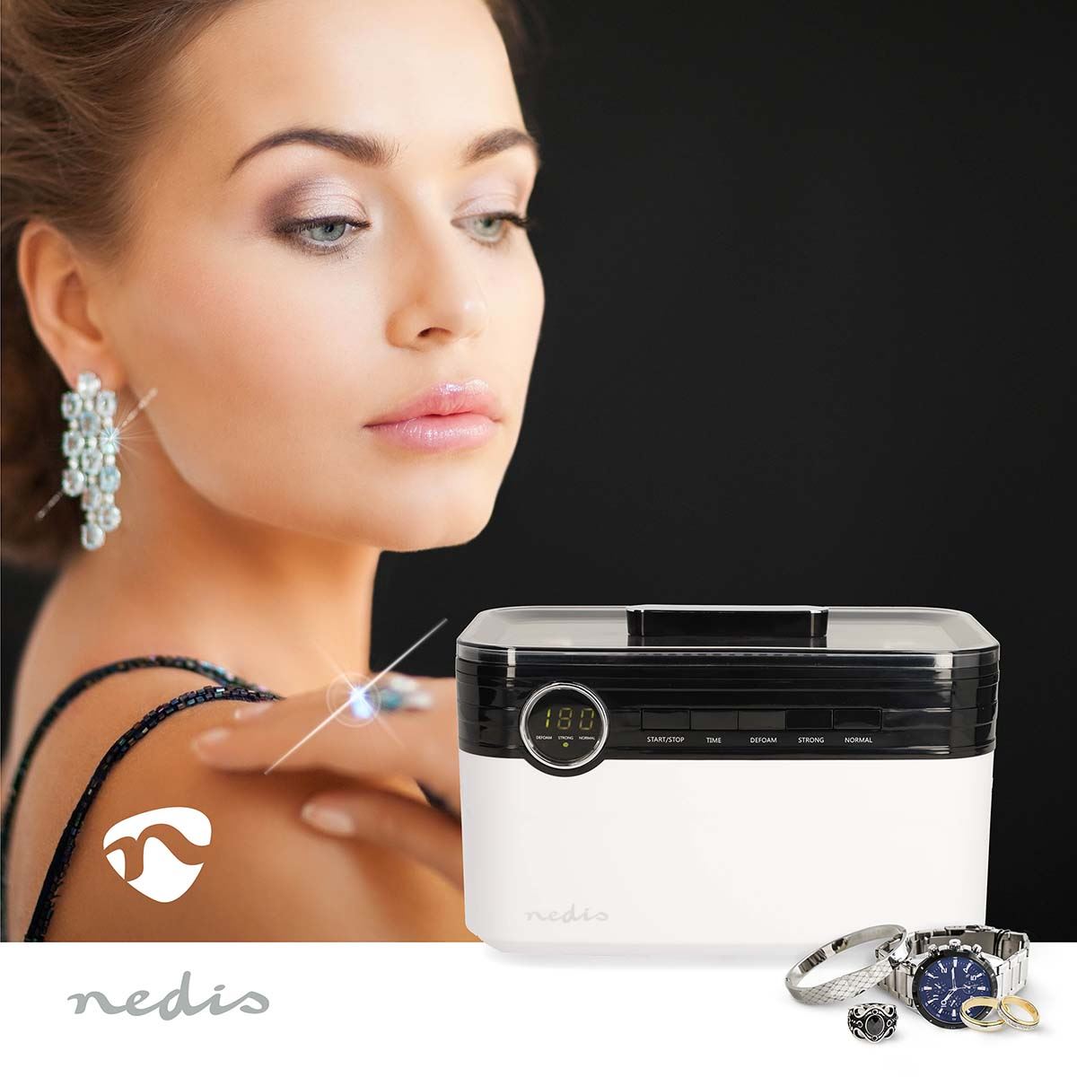 Nedis Digital Ultrasonic Jewellery Cleaner, 1800 ml Tank, 43 kHz Sonic Cleaning, 3 Modes with LED Timer – White