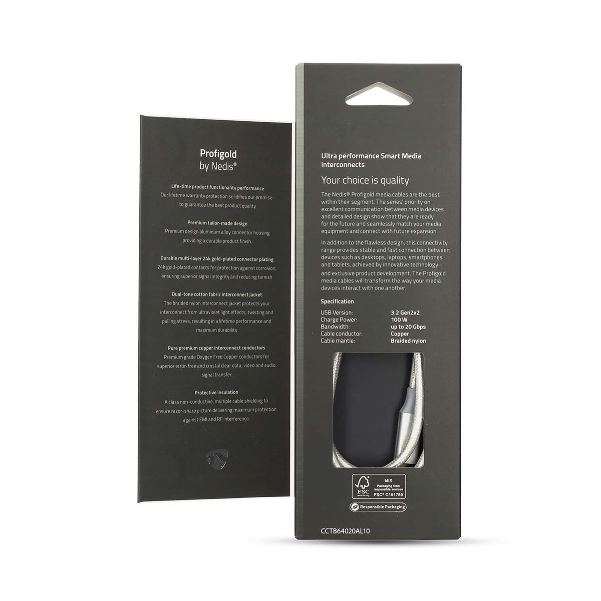 Nedis USB Cable | USB 3.2 Gen 2x2 | USB-C™ Male | USB-C™ Male | 100 W | 4K@60Hz | 20 Gbps | Gold Plated | 1.00 m | Round | Braided / Nylon | Silver | Cover Window Box