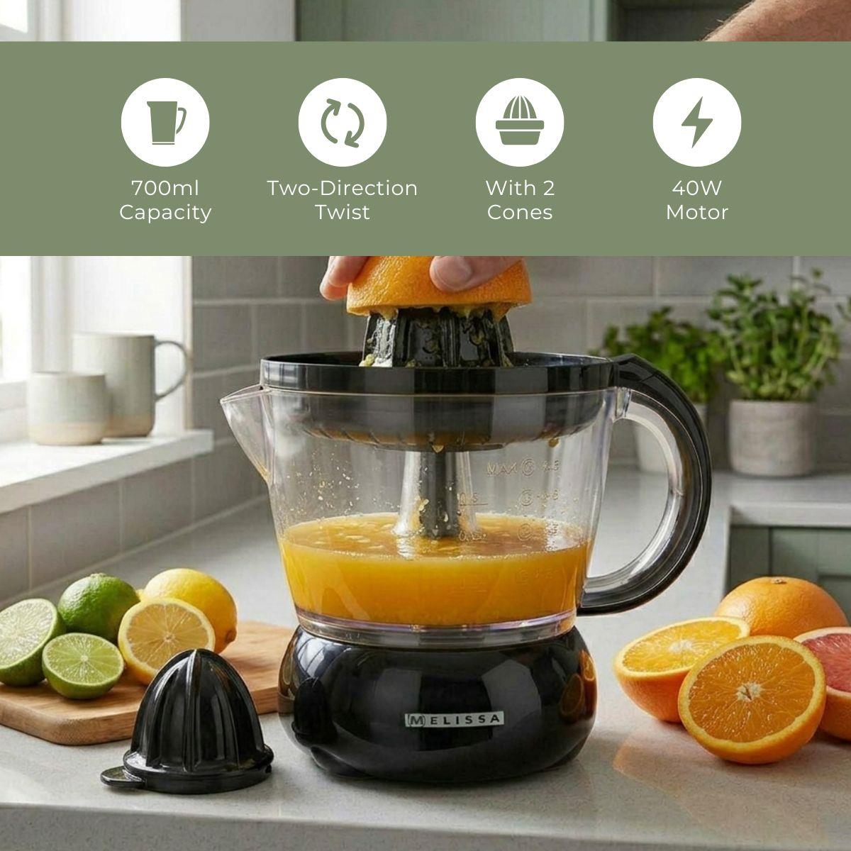 MELISSA 0.7L Electric Citrus Press Juicer Squeezer, 40W Motor, with Bi-Directional Twist, 2 x Interchangeable Cones, and Easy Pour Spout, for Lemon Grapefruit Orange Lime Juice Extractor - Black