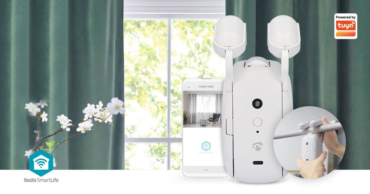 Nedis SmartLife Battery or USB Powered Automatic SmartLife Curtain Robot Opener Bluetooth Voice Control and Timer for Google Home and Alexa 4000 mAh - White