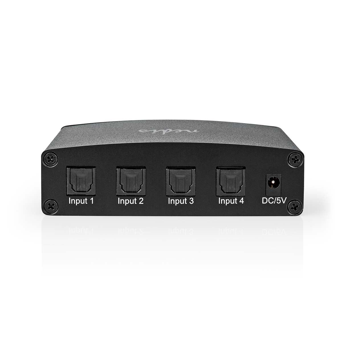 Nedis Digital Audio Switch | 4-way | Connection input: DC Power / 4x TosLink to Connection output: TosLink Female | Manual / Push Button / Remote Control | Metal | Black