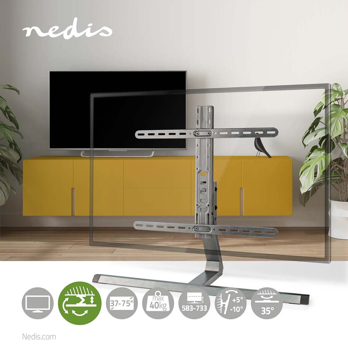 Nedis Full Motion TV Stand | 37 - 75 " | Maximum supported screen weight: 40 kg | Tiltable | Rotatable | Adjustable pre-fixed heights | Aluminium / Steel | Grey