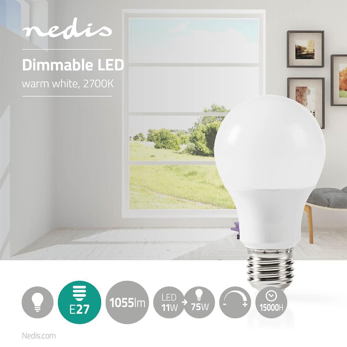 Nedis LED Bulb E27 | A60 | Dimmable | 11 W | 1055 lm | 2700 K | Warm White | Frosted | 1 pcs