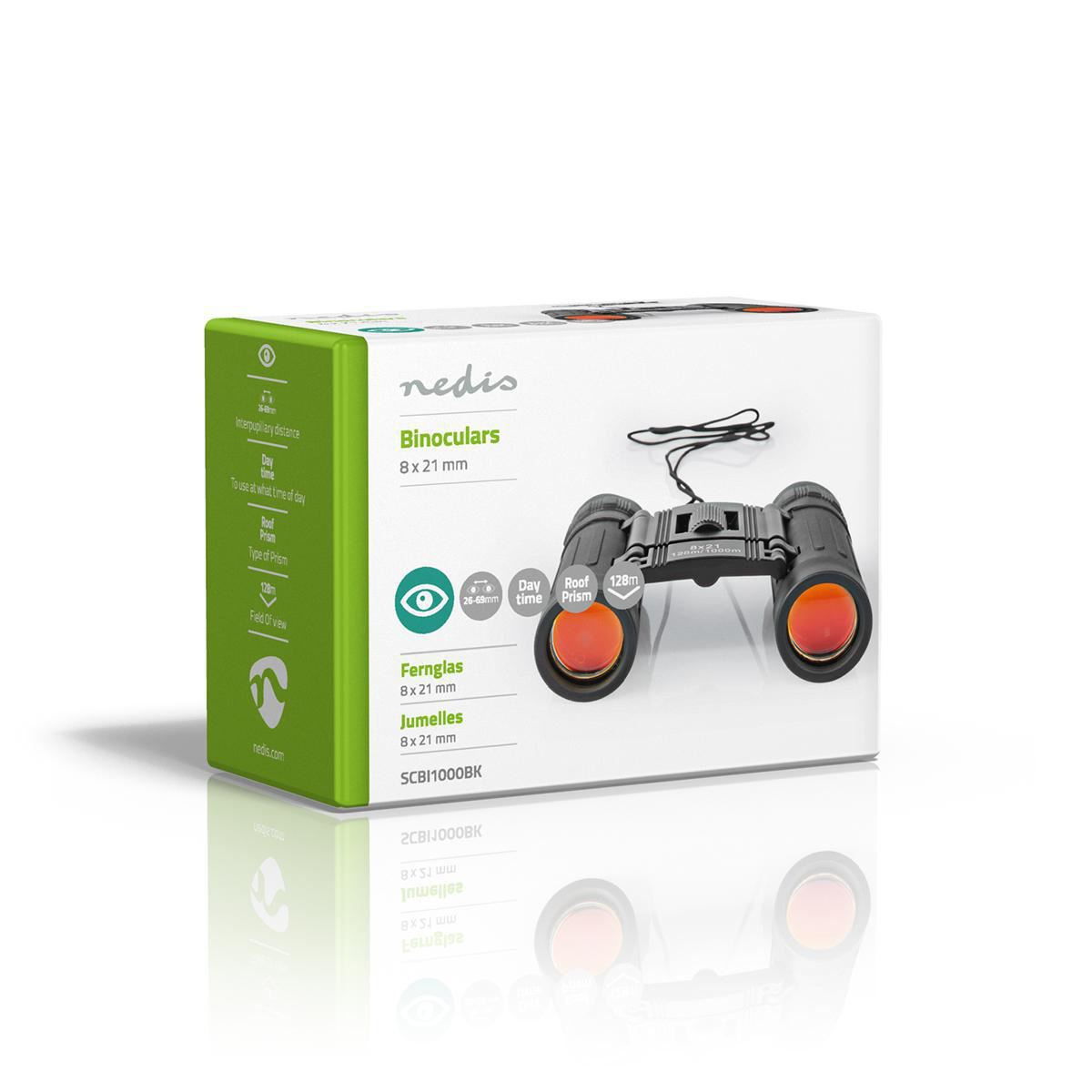 Nedis 8x21 Compact Roof Prism Binoculars, Lightweight Portable HD Lens, Rubber Grip, Dioptric Correction, Ideal For Bird Watching, Hiking, Travel, Sightseeing - Black