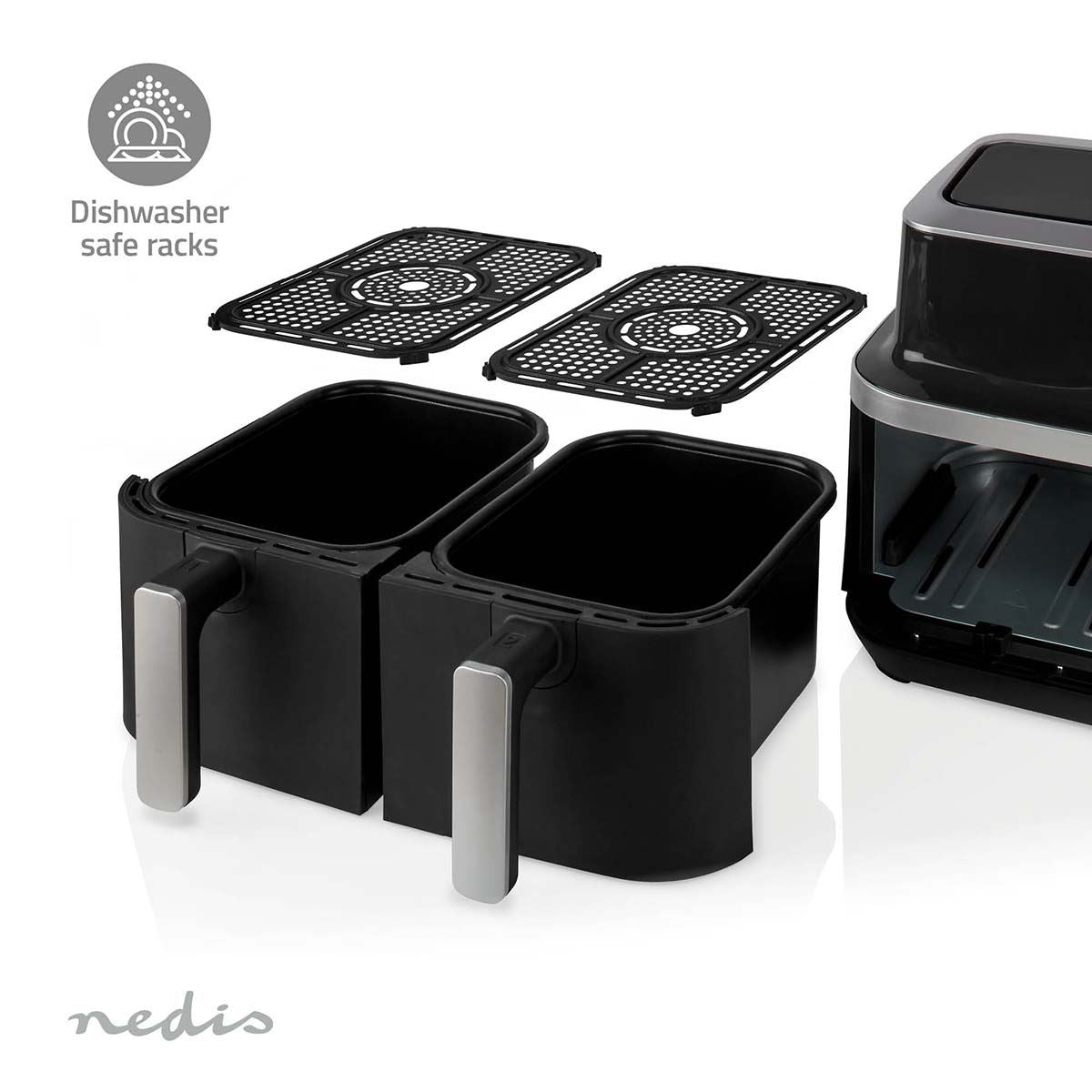Nedis 8.4L Hot Air Fryer Family Dual Basket Air Fryer with Smart Finish, 10 Pre-Sets and Digital Control Panel - Black