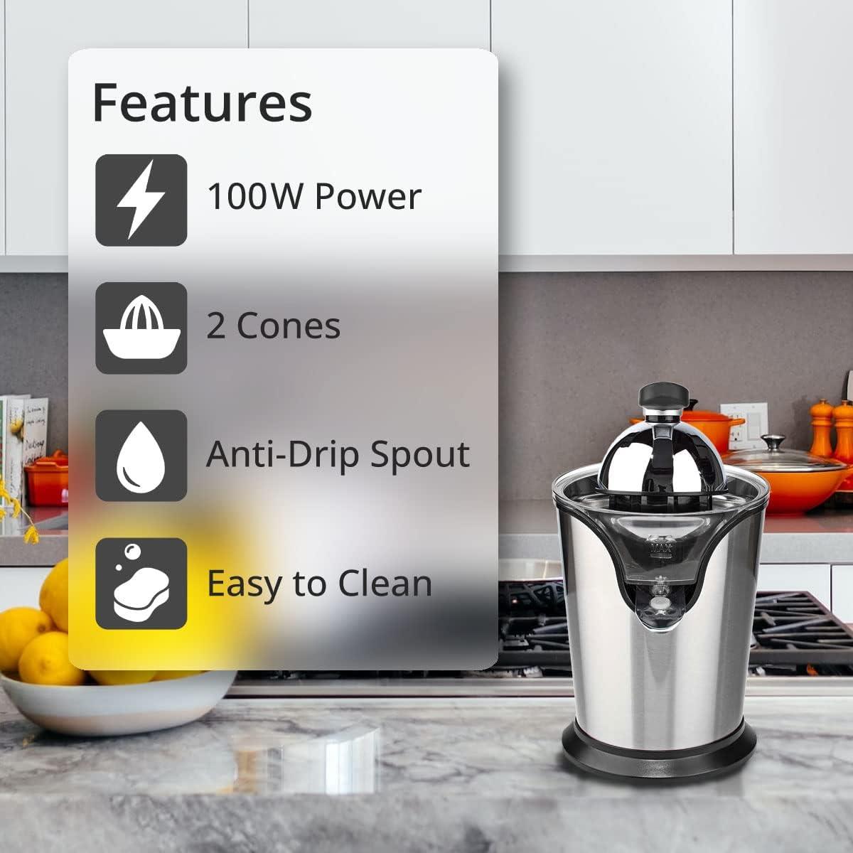 Nedis Electric Citrus Press Juicer Squeezer, 100W Motor, with 2 x Interchangeable Cones, and Anti-Drip Easy Pour Spout