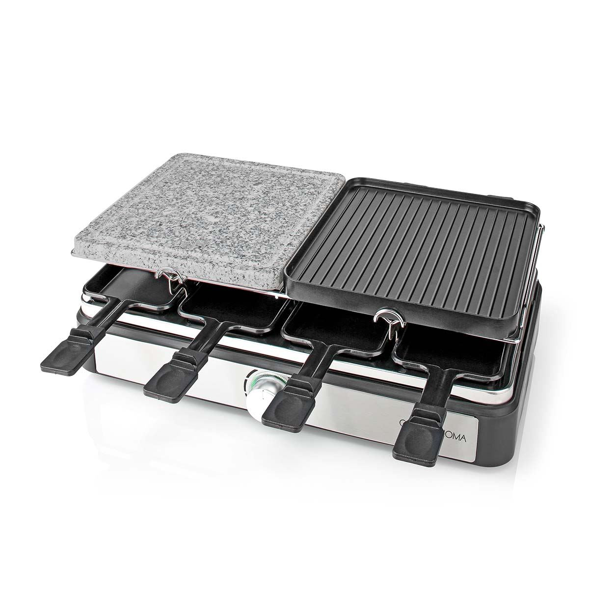 Gastronoma Electric Raclette Gourmet Stone Grill, 8 Person Indoor Non-Stick Tabletop Cooker, Removable Hot Plate, Adjustable Thermostat, with 8 x Mini Cheese Pans & Spatulas, 1400W