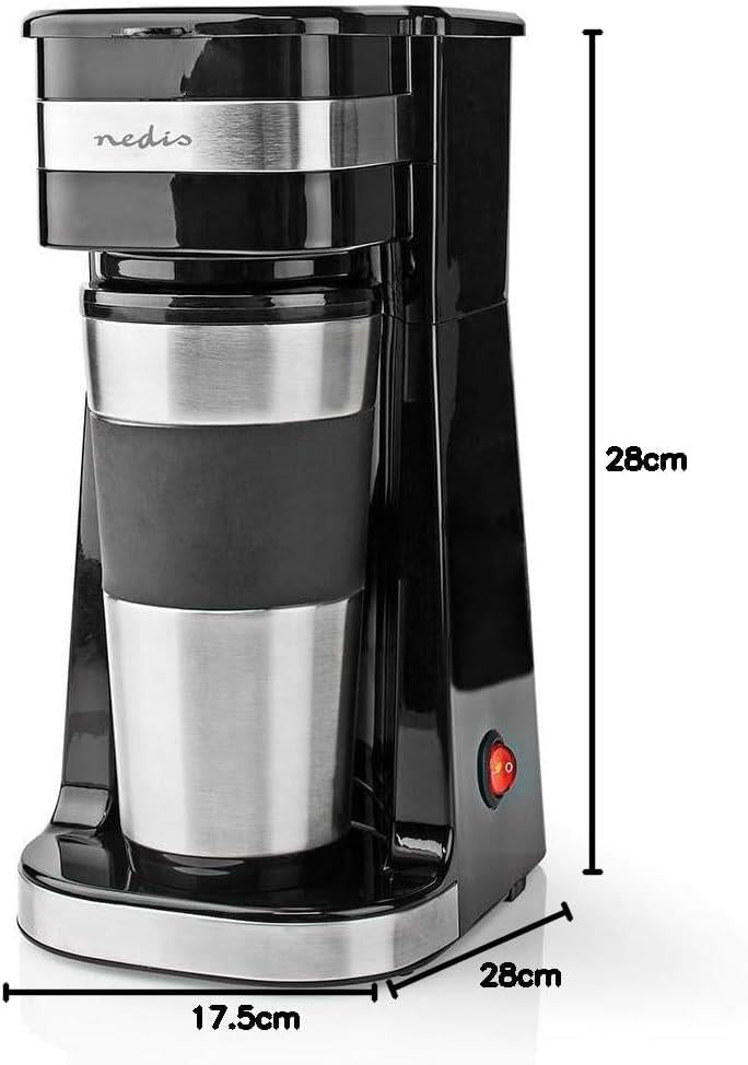 Nedis Single Serve 1 Cup Electric Filter Coffee Maker + 0.42L Double Wall Travel Mug - Black