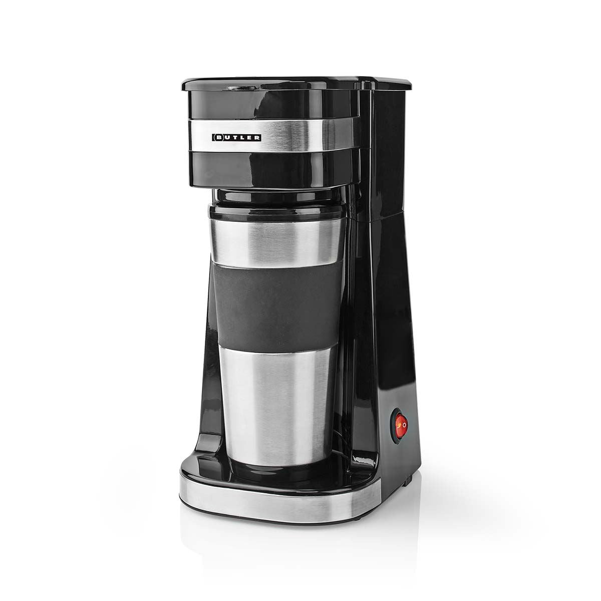 Butler Single Serve Coffee Maker with 400ml Travel Mug, Double Wall Insulated, Stainless Steel, with Reusable Filter