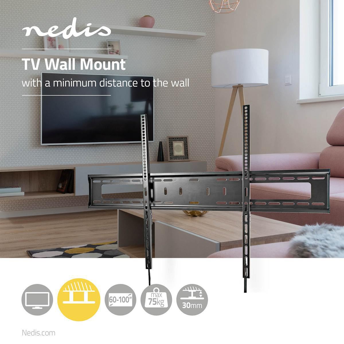 Nedis Fixed TV Wall Mount | 60 - 100 " | Maximum supported screen weight: 75 kg | Minimum wall distance: 30.5 mm | Metal / Steel | Black