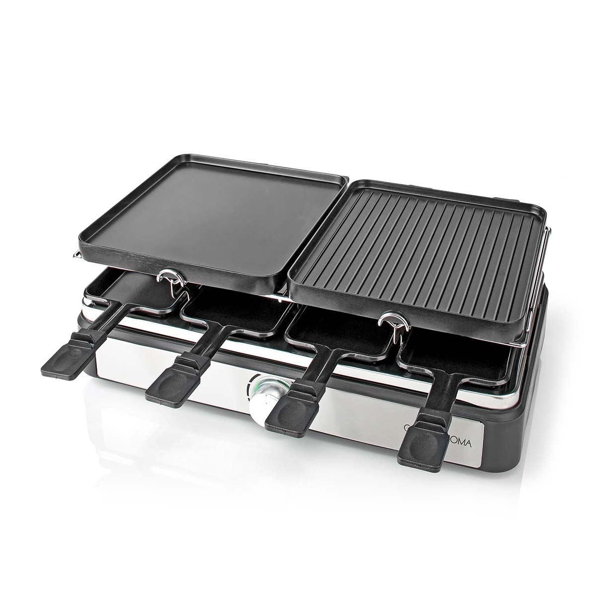 Gastronoma Electric Raclette Gourmet Stone Grill, 8 Person Indoor Non-Stick Tabletop Cooker, Removable Hot Plate, Adjustable Thermostat, with 8 x Mini Cheese Pans & Spatulas, 1400W