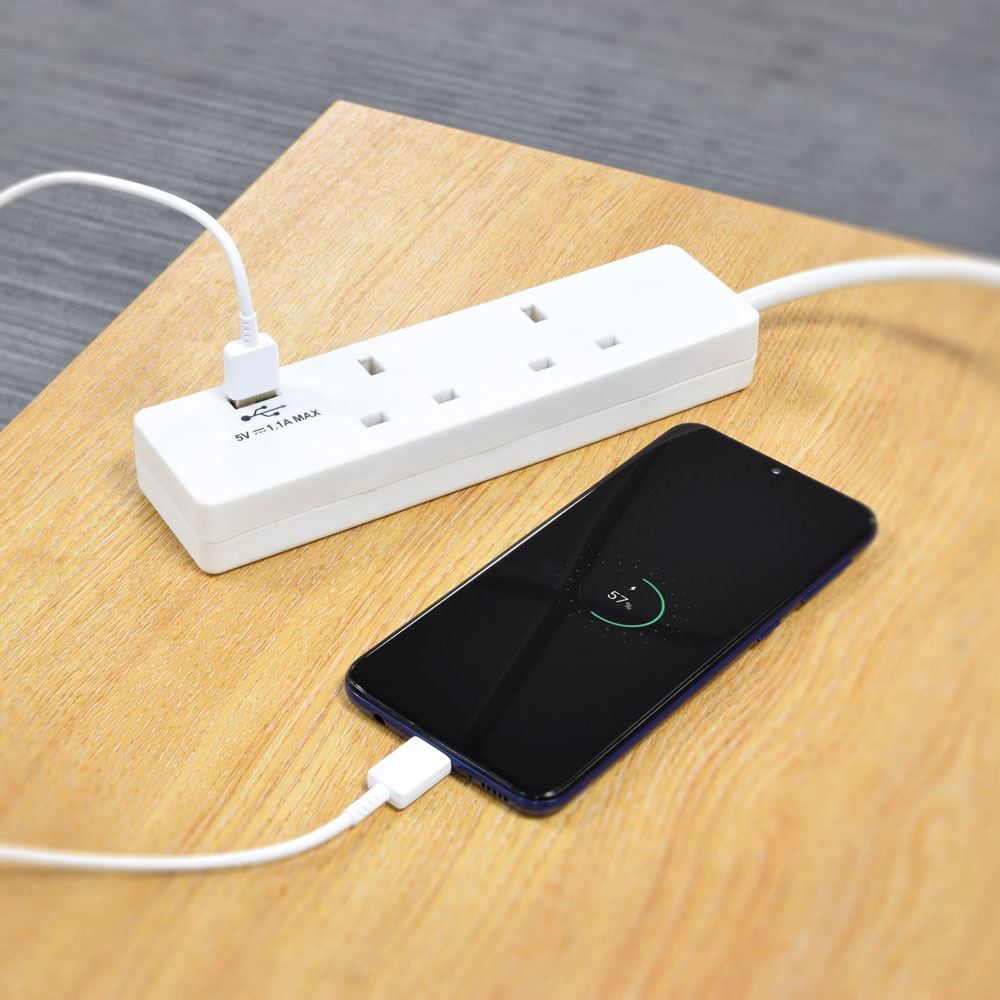 2m Desktop Mains Extension 2 Gang with USB Charger Port - White