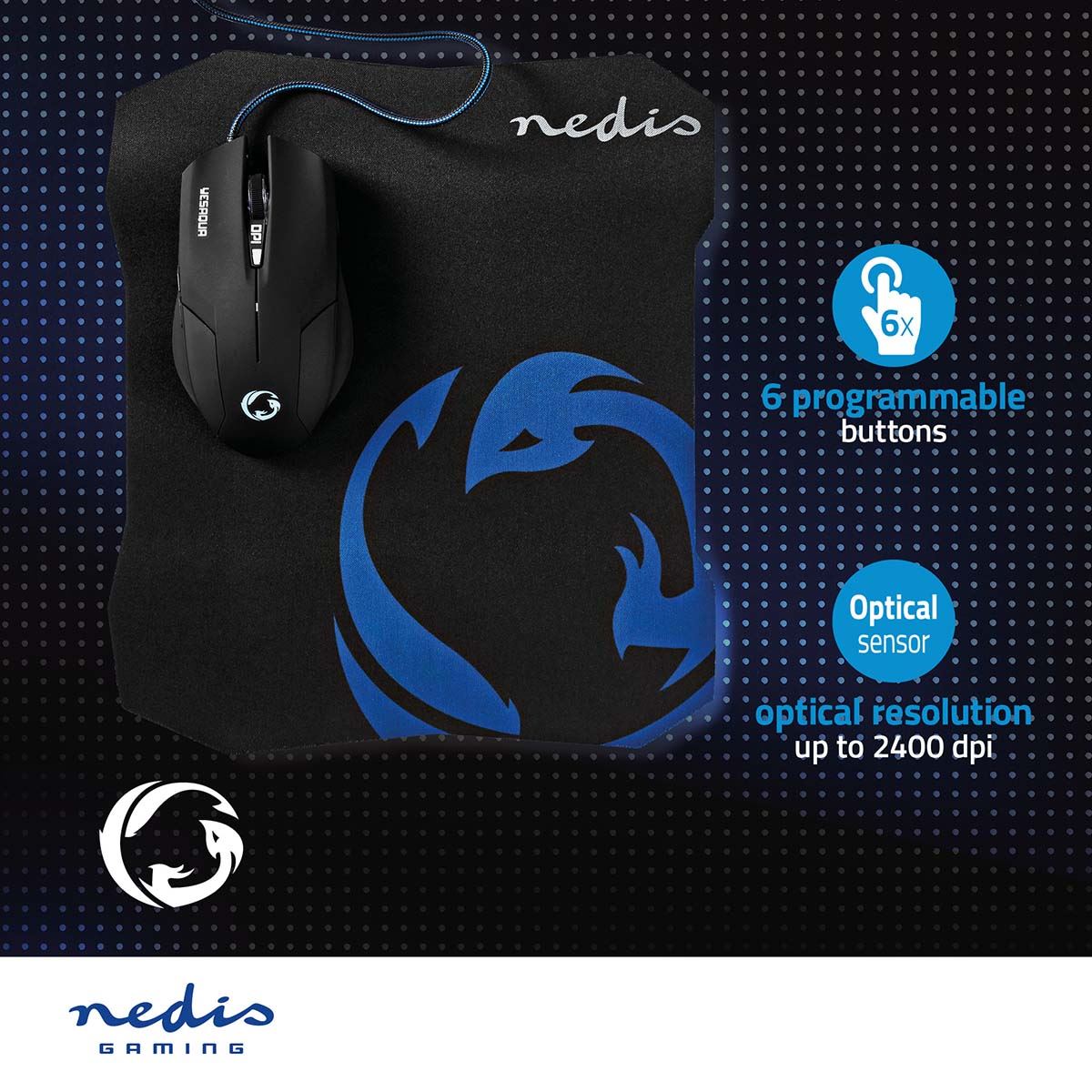 Nedis Gaming Mouse & Mouse Pad Set | Wired | 800 / 1200 / 1600 dpi | Adjustable DPI | Number of buttons: 6 | Right-Handed | 1.50 m | Normal Lighting