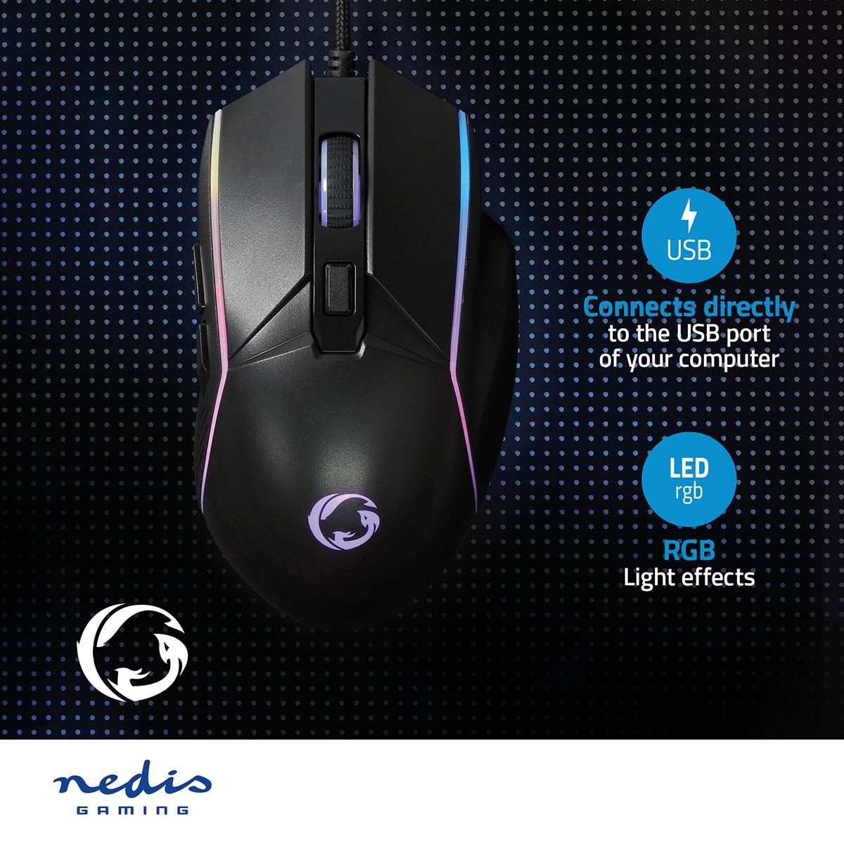 Nedis Gaming Mouse | Wired | 800 / 1200 / 2400 / 3200 / 4800 / 7200 dpi | Adjustable DPI | Number of buttons: 6 | Right-Handed | 1.50 m | LED