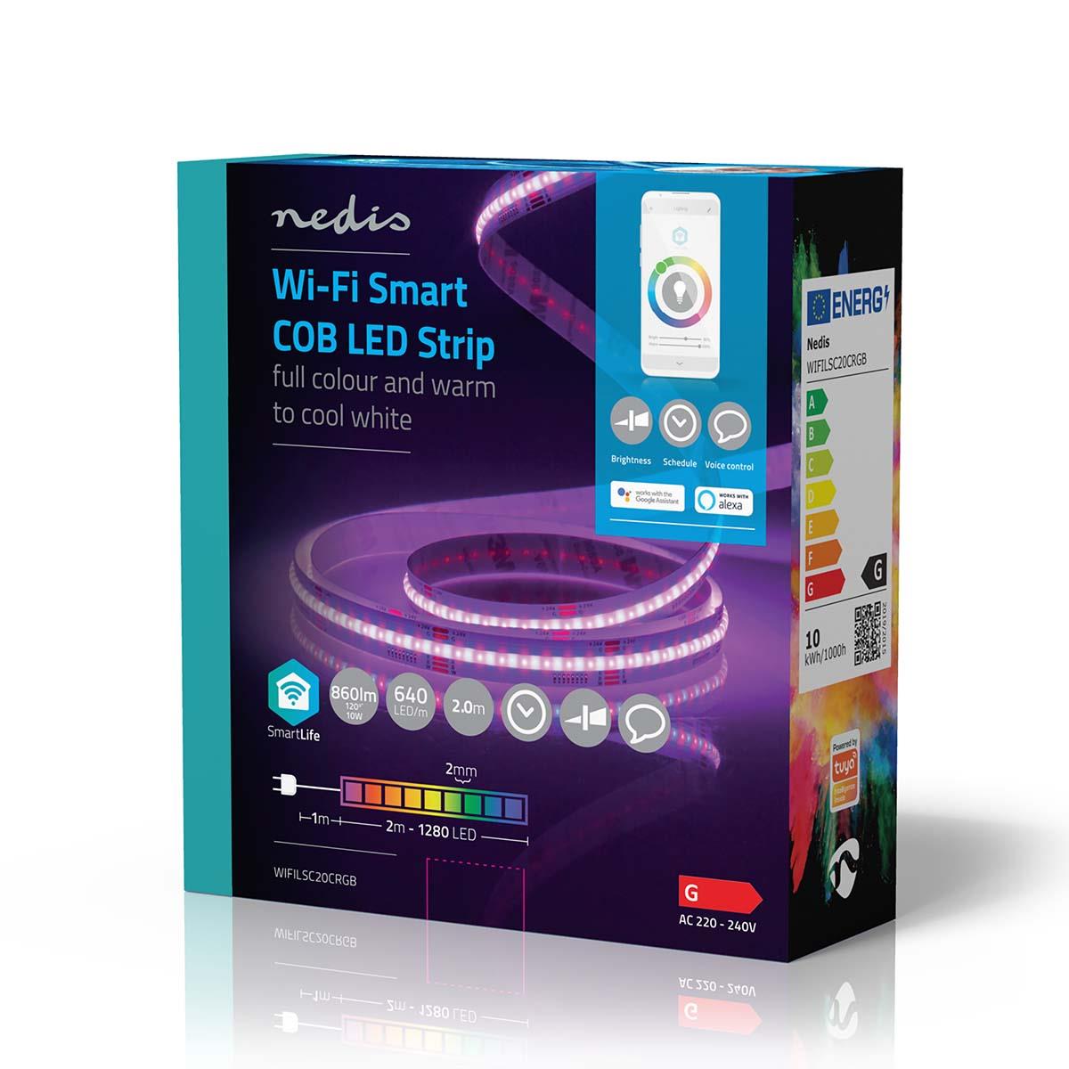 Nedis Smartlife Ultra-Thin 2m COB LED Strip, Warm to Cool White & RGB Colour, Wi-Fi Connected No Hub Required, Adjustable Brightness with Voice Control - Compatible with Google Home & Alexa