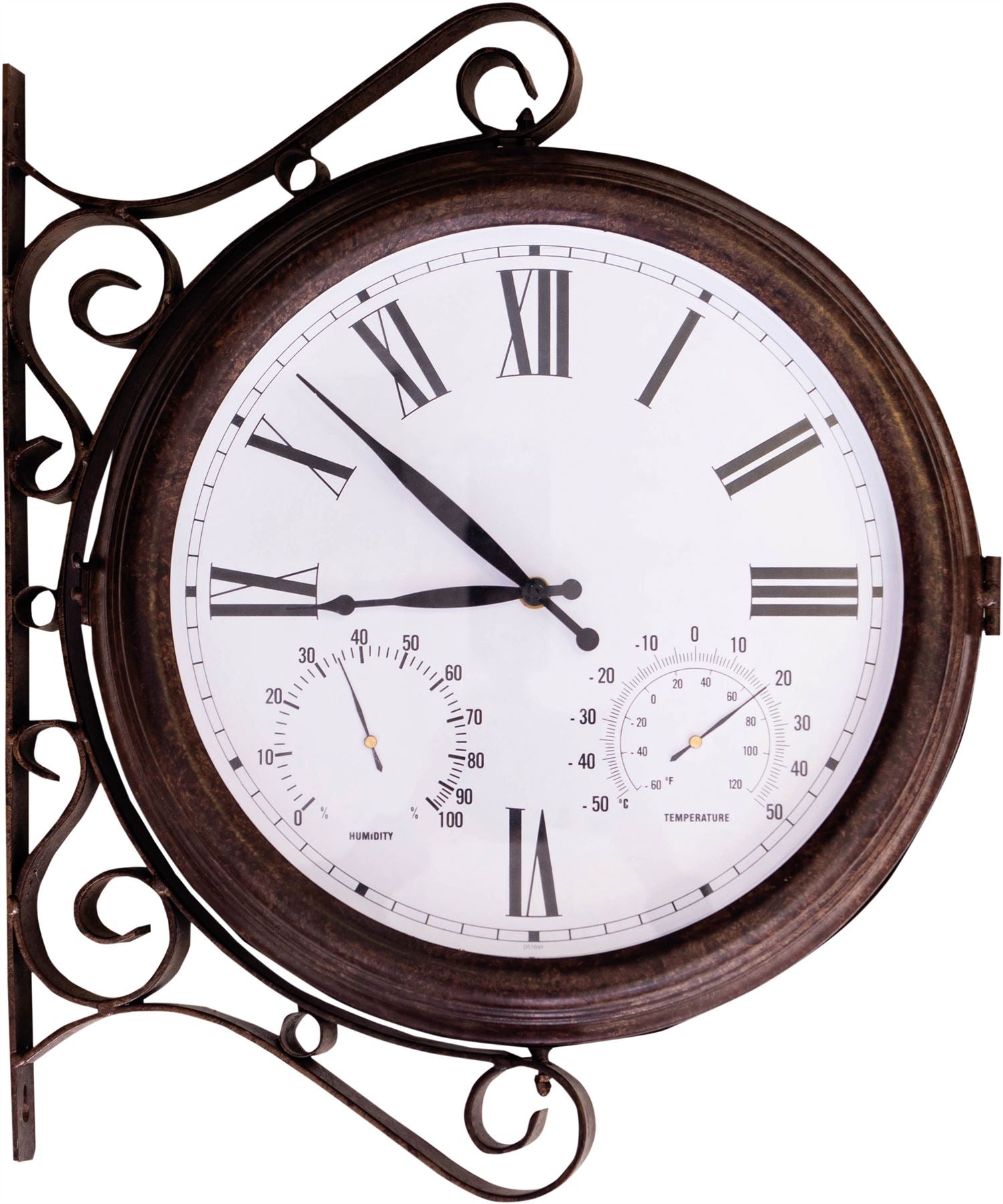 Double Sided Outdoor Station Wall Clock Hanging Vintage Style Aged Bronze Effect Metal with Thermometer and Hygrometer