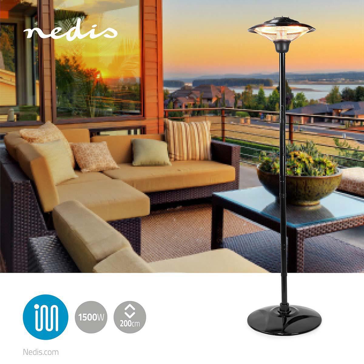 Nedis 1.5KW Outdoor Freestanding Halogen Electric Garden Patio Heater, 1500W, IP34 Rated, with Height Adjustable Stand and Tip Over Protection
