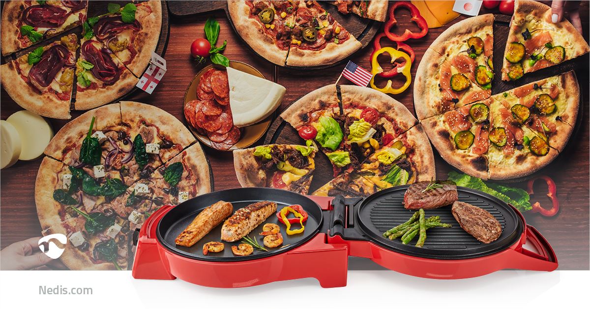 Nedis Electric Pizza Maker & Grill, 1800W, with Non-Stick 12" Plates, Adjustable Temperature & 180° Opening