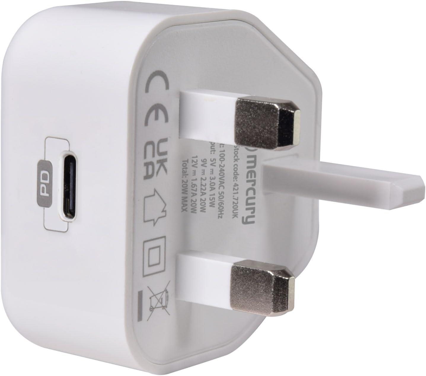 Mercury Fast Charge 20W PD USB-C Charger | Compact & Lightweight Mains Adapter for iPhone, iPad, AirPods, USB-C Devices | Super-Fast Charging with PD3.0 & PPS Technology