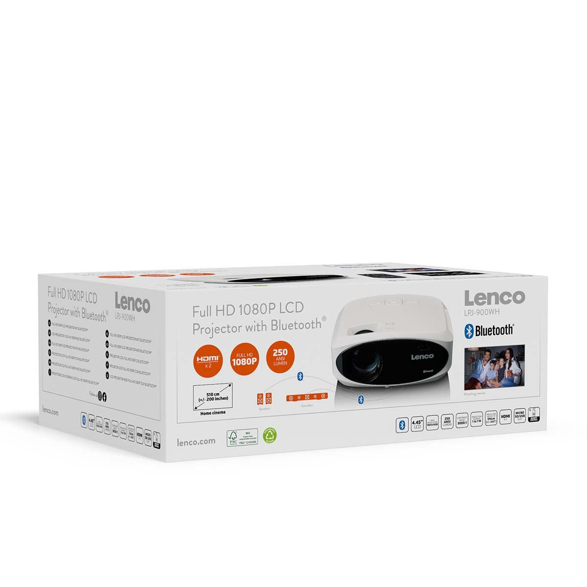 Lenco LCD Projector and Bluetooth® with high resolution, supports Full HD 1080P content White