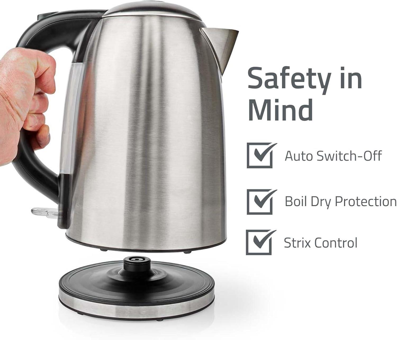 Nedis 1.7L Electric Kettle Cordless Silver 2200W Boil Dry Protection Auto Switch Off