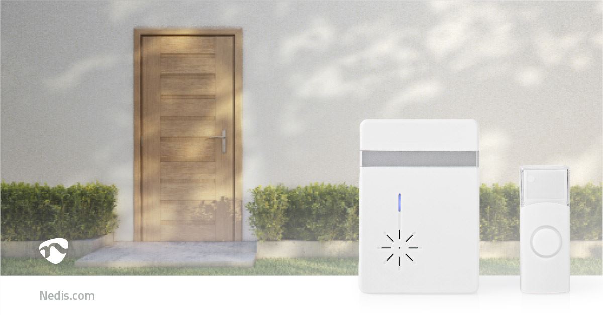 Nedis Wireless Doorbell, Battery Powered Cordless Door Chime Kit with 300m Range, 36 Chimes, Blue LED and 80dB Volume - White