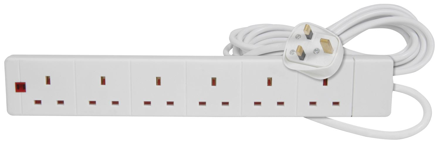 Mercury 6 Gang 5m Mains Powered Extension Leads - White