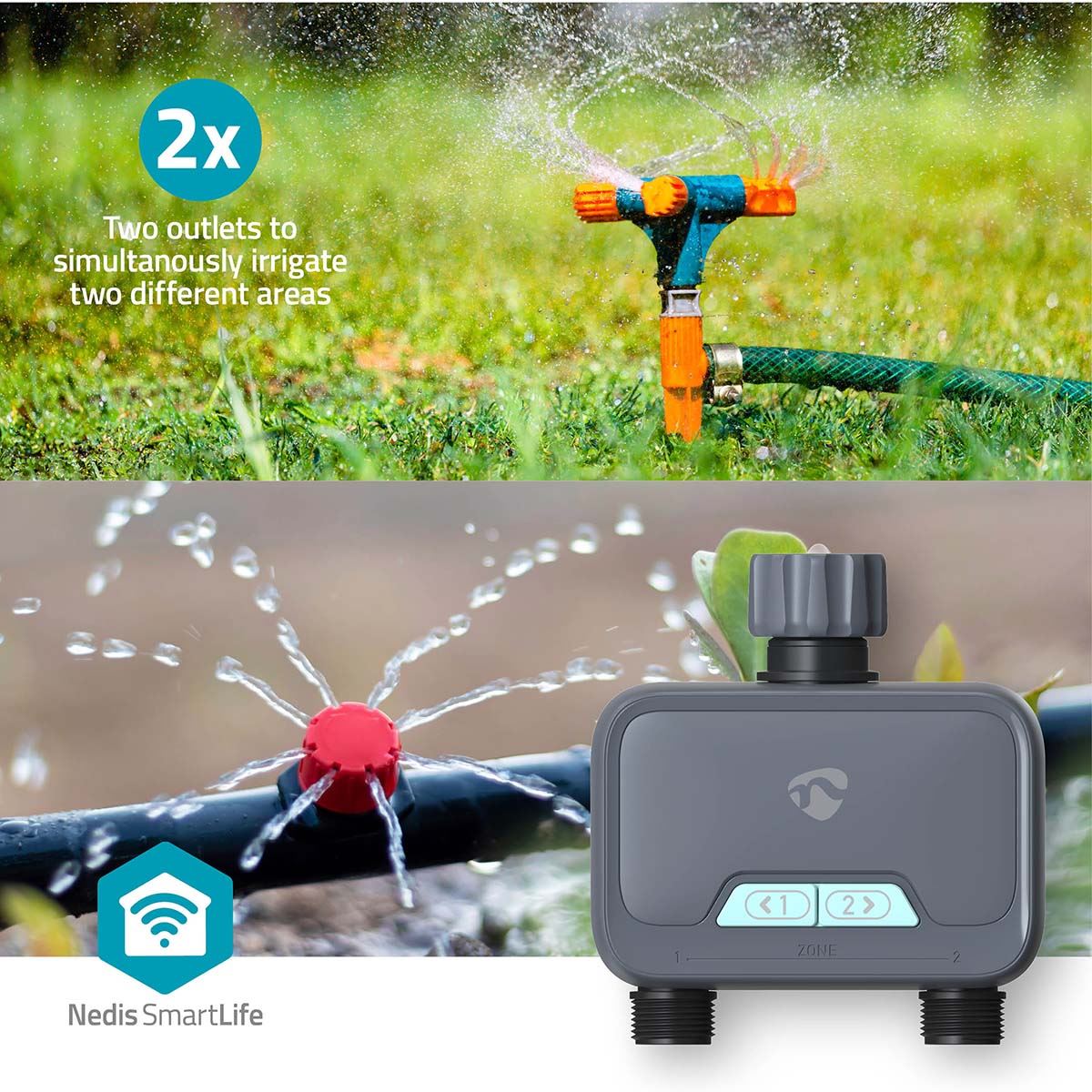 Nedis SmartLife Water Control, Bluetooth Garden Irrigation Timer with 2 Independent Zones, Manual & App Scheduling, Battery Powered, IP54 Waterproof, 3/4" & 1" Tap Connector