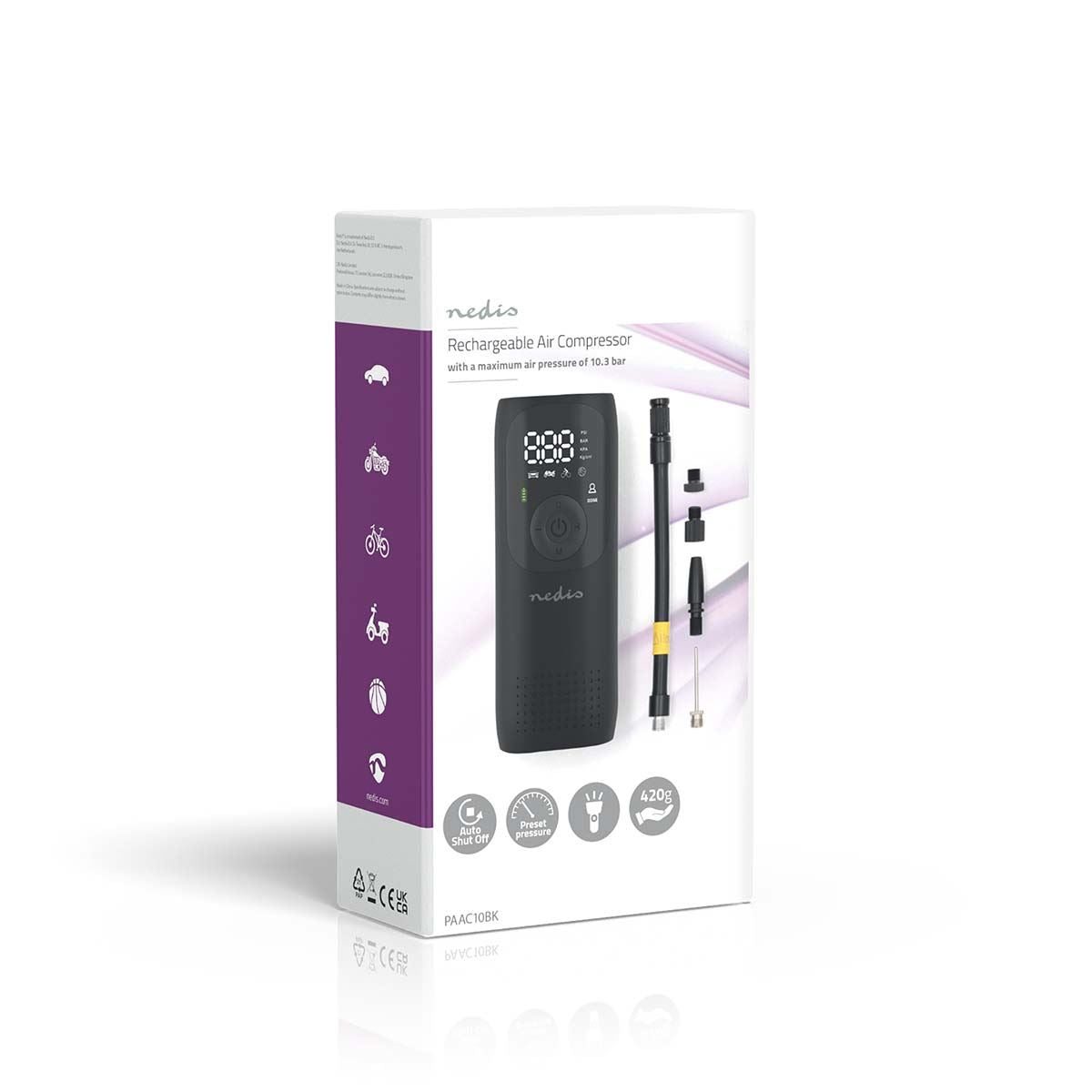 Nedis Portable Tyre Inflator, Rechargeable Air Compressor with Digital Display, LED Torch, 150 PSI Max Pressure, USB-C Charging, for Car, Bike, Motorcycle, Footballs, Inflatables & More